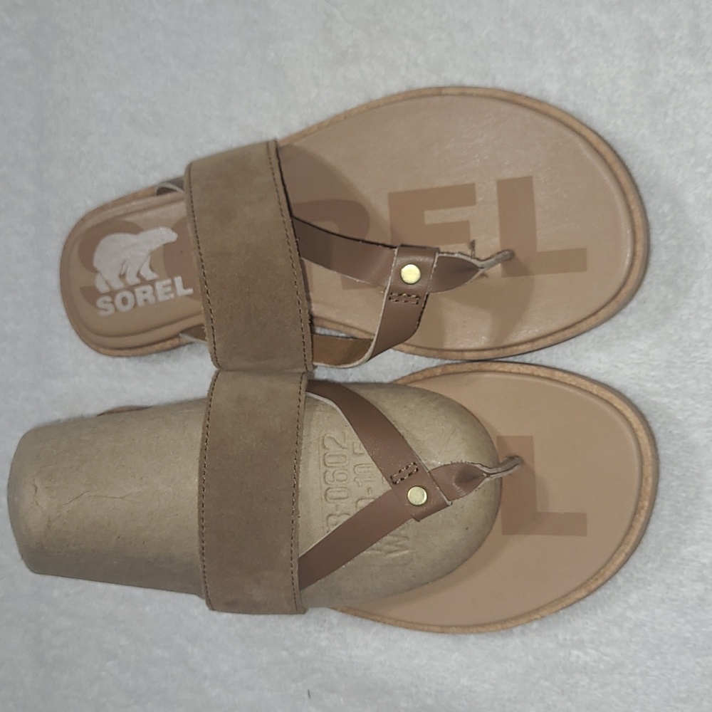 Sorel Ella II Easy Women's Tan Suede Leather Thong Flip Flop Sandals Size 6.5
